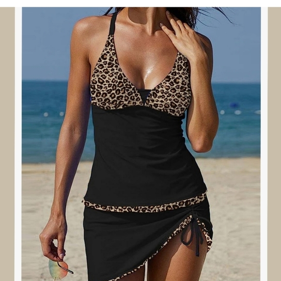 Rekita Animal Print Tankini Cinch Skirt Swimsuit L Large Swim Suit Leopard - Picture 1 of 14